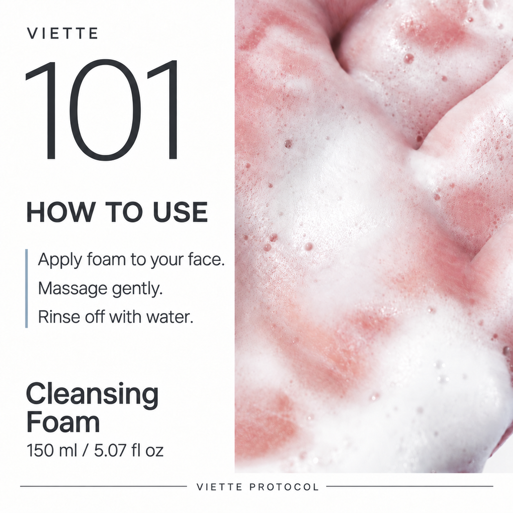How to use VIETTE 101 Cleansing Foam with foam shown on a palm
