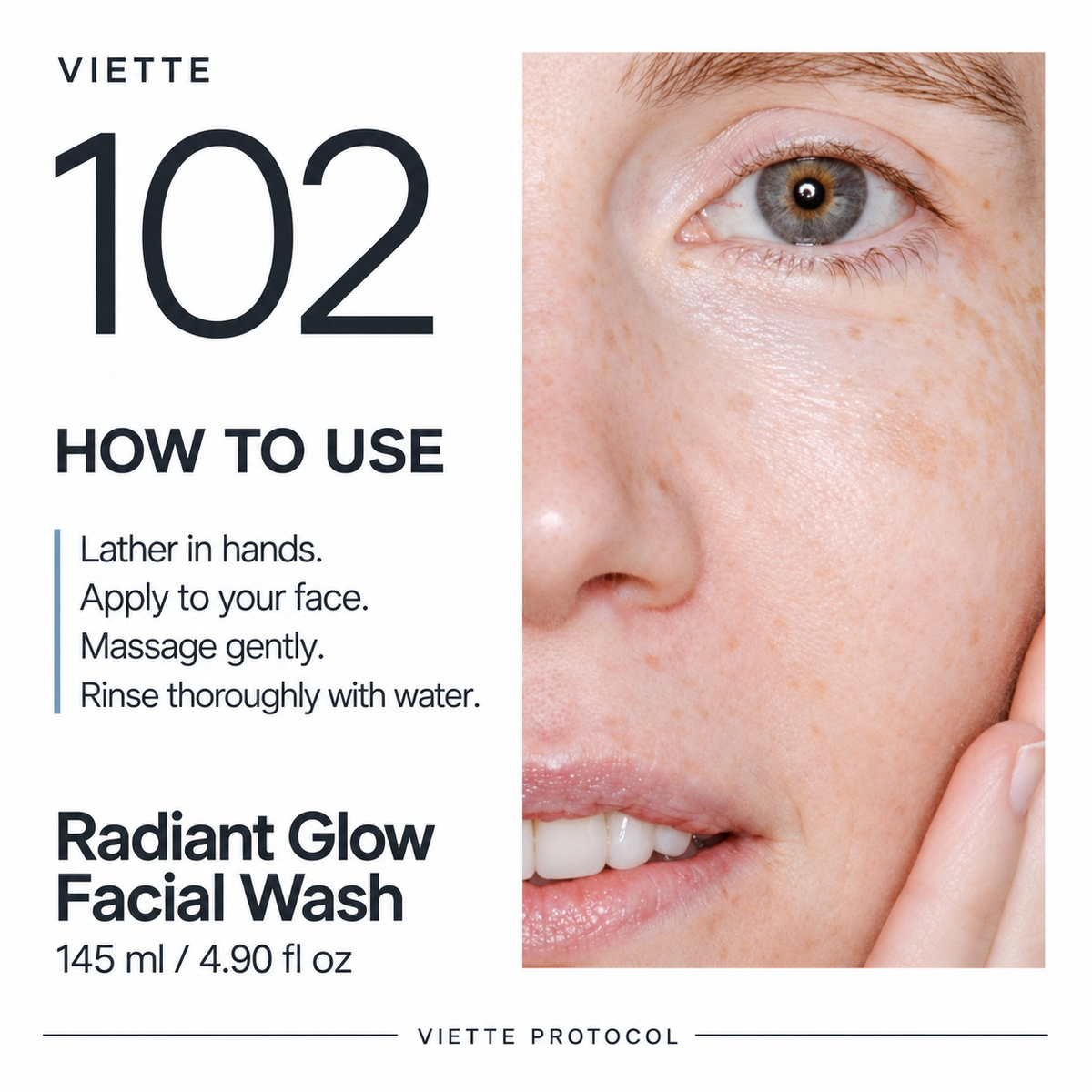 VIETTE 102 Radiant Glow Facial Wash usage instructions alongside a portrait