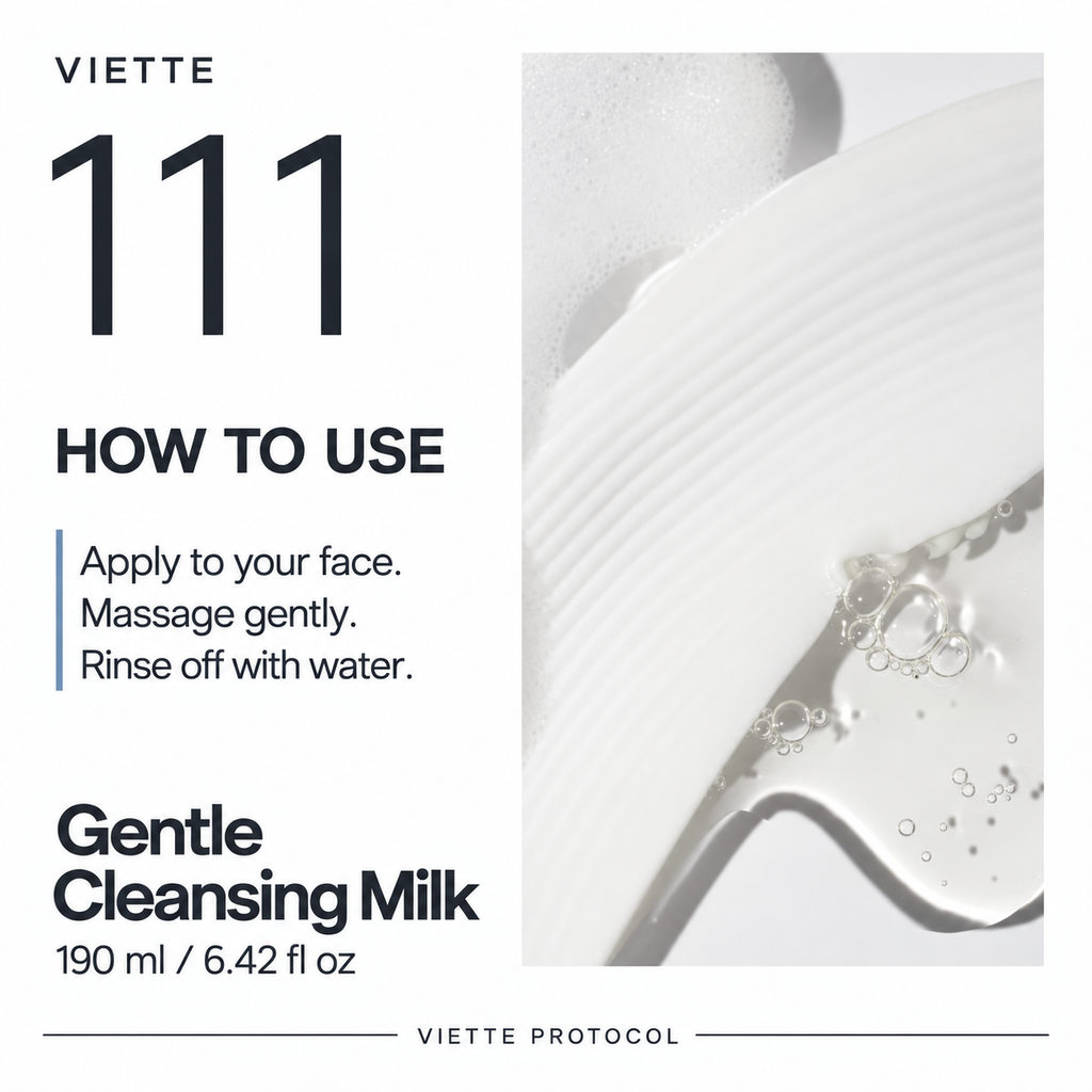 VIETTE 111 Gentle Cleansing Milk usage instructions with a white botanical detail and droplets
