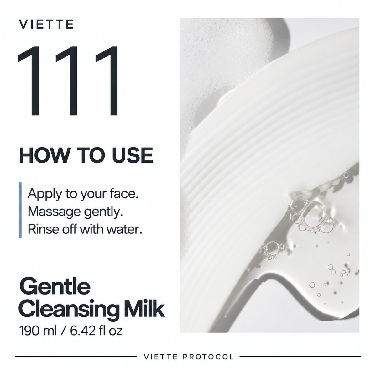 VIETTE 111 Gentle Cleansing Milk usage instructions with a white botanical detail and droplets