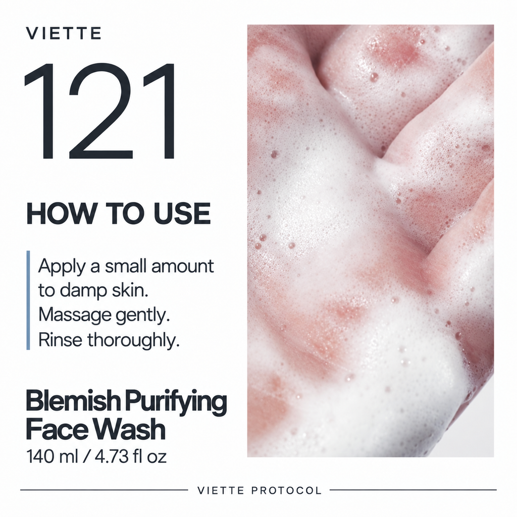 VIETTE 121 Blemish Purifying Face Wash usage instructions with foam on a palm