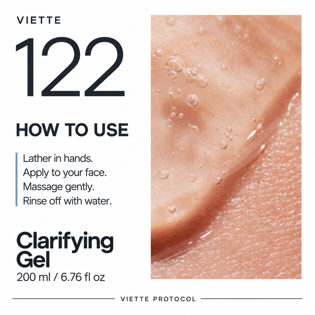 VIETTE 122 Clarifying Gel usage instructions with gel shown on skin