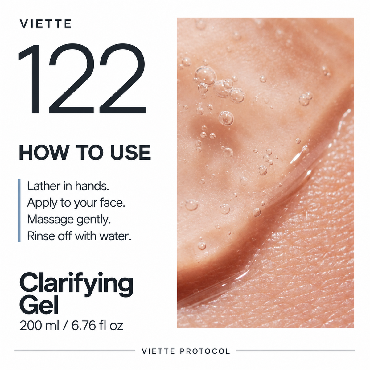 VIETTE 122 Clarifying Gel usage instructions with gel shown on skin